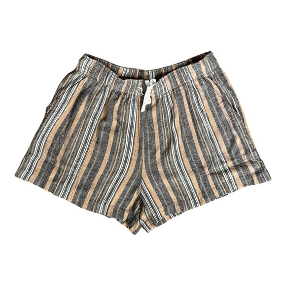 LUCKY BRAND Tan Gray & White Stripe Shorts sz M Elastic Waist Linen Blend Boho - Picture 1 of 7